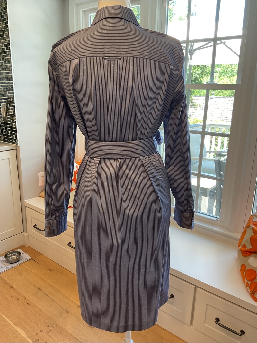 Lafayette 148 New York Light Blue Shirt dress with Navy and metallic Pinstripes - Picture 4 of 7